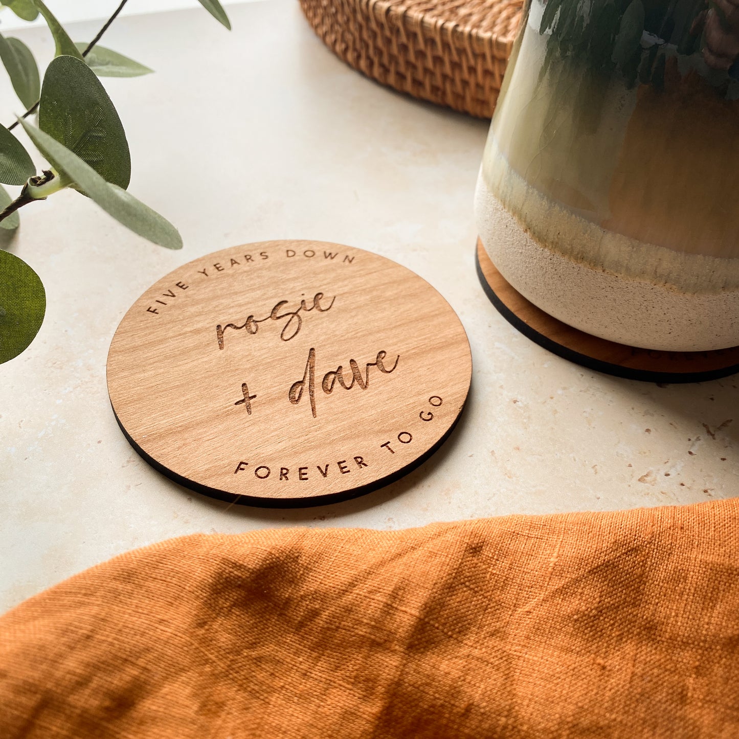 Personalised Five Years Down Wooden Coaster