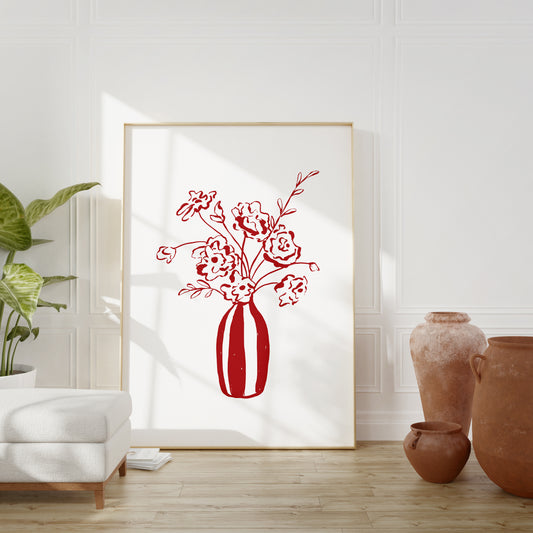 Flowers in Stripped Vase Giclée Fine Art Poster - Red
