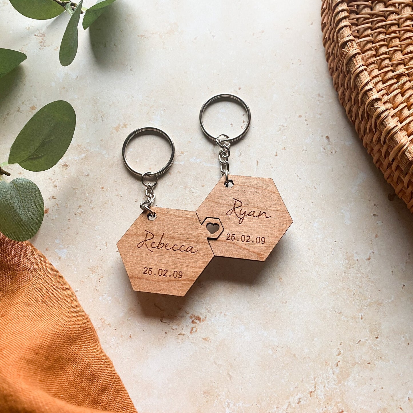Matching Couples Hexagon Wooden Keyrings