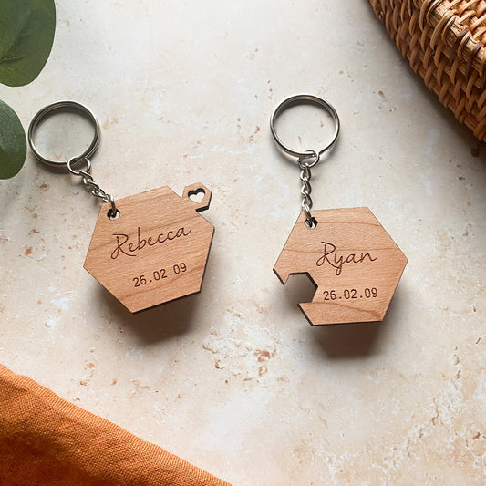 Matching Couples Hexagon Wooden Keyrings